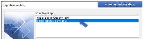 Outlook, Come esportare le informazioni presenti nei contatti in un Foglio Excel: impostare scelta formato CSV