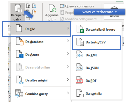 Excel,  importare il file CSV creato con Outlook: power query