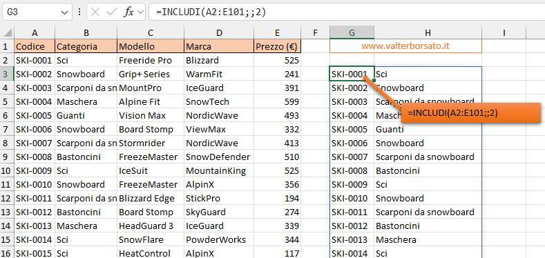 La  Funzione INCLUDI di Excel: secondo  esempio di applicazione.