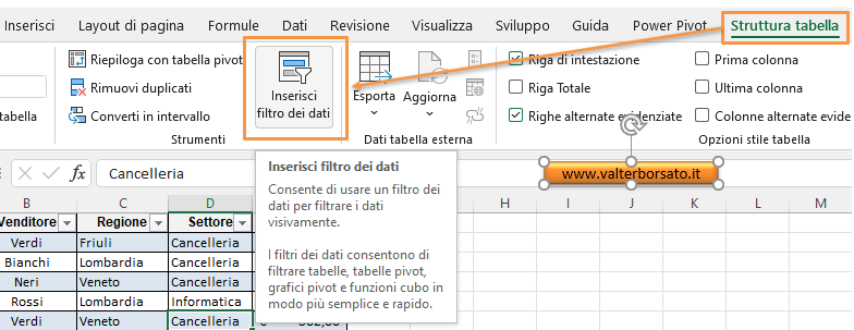 Lo strumento Filtro dei dati delle tabelle Excel: inserimento