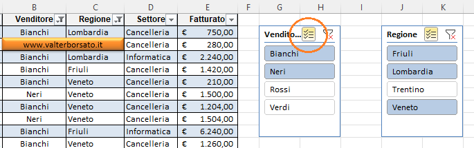 Lo strumento Filtro dei dati delle tabelle Excel:pulsante  selezione multipla