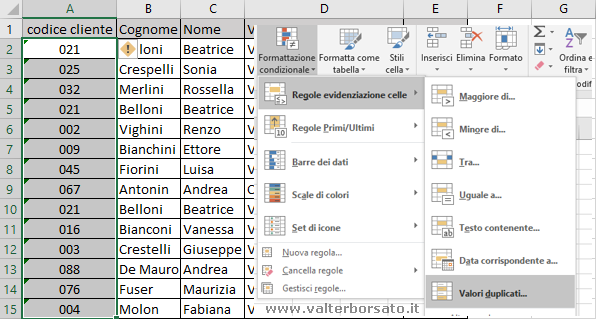 Evidenziare i valori duplicati nelle tabelle Excel con la Formattazione condizionale