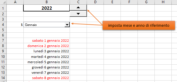 Calendario dinamico in Excel, con scelta dell'anno e del mese da elenco a discesa