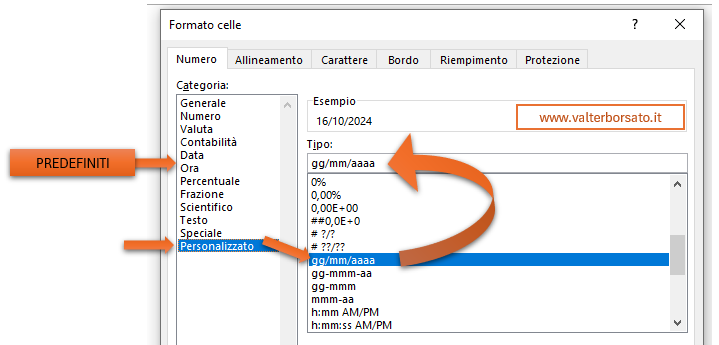 Creazione di un formato data personalizzato in Excel: le opzioni personalizzato della scheda formato cell