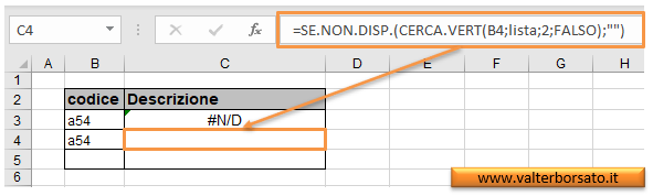 Excel, la Funzione SE.NON.DISP: applicazione