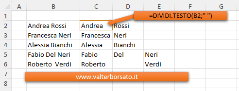 applicazione delle Funzioni DIVIDI.TESTO