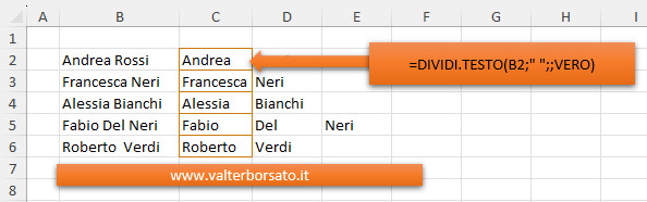 Esempio di applicazione della Funzione DIVIDI.TESTO