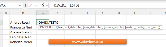 La nuova funzione di matrice dinamica DIVIDI.TESTO