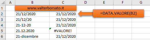 Excel convertire date inserite in formato testuale in numeri: applicare la Funzione DATA.VALORE