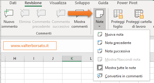 Creare e organizzare Commenti e Note nei Fogli di lavoro di Excel: inserire una Nota 