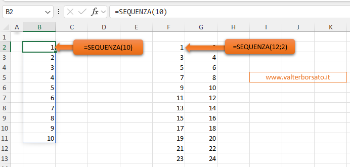 Funzione SEQUENZA: esempio impostazione degli argomenti righe (obbligatorio) e [colonne]