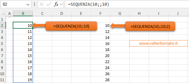 SEQUENZA: esempio impostazione argomenti [start] e [step]