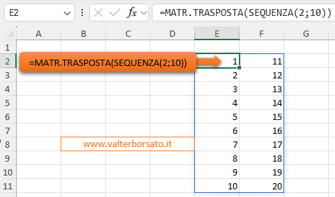 SEQUENZA: Applicare SEQUENZA e TRASPONI per generare sequenze verticali