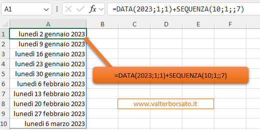 Generare una sequenza di date con intervalli settimanali