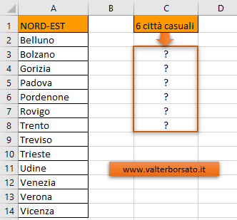 Creazione di una estrazione casuale senza valori (testuali o numerici) duplicati in Excel Microsoft 365 - tabella esempio di applicazione