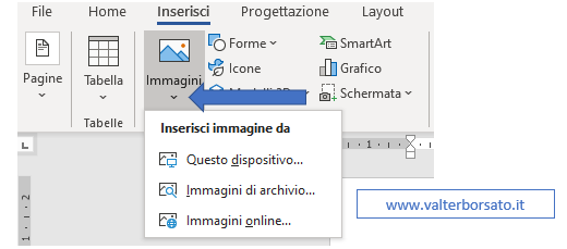 Word | Inserimento ed impaginazione delle immagini nei documenti: menu inserisci immagine da dispositivo, archivio o immagini online 